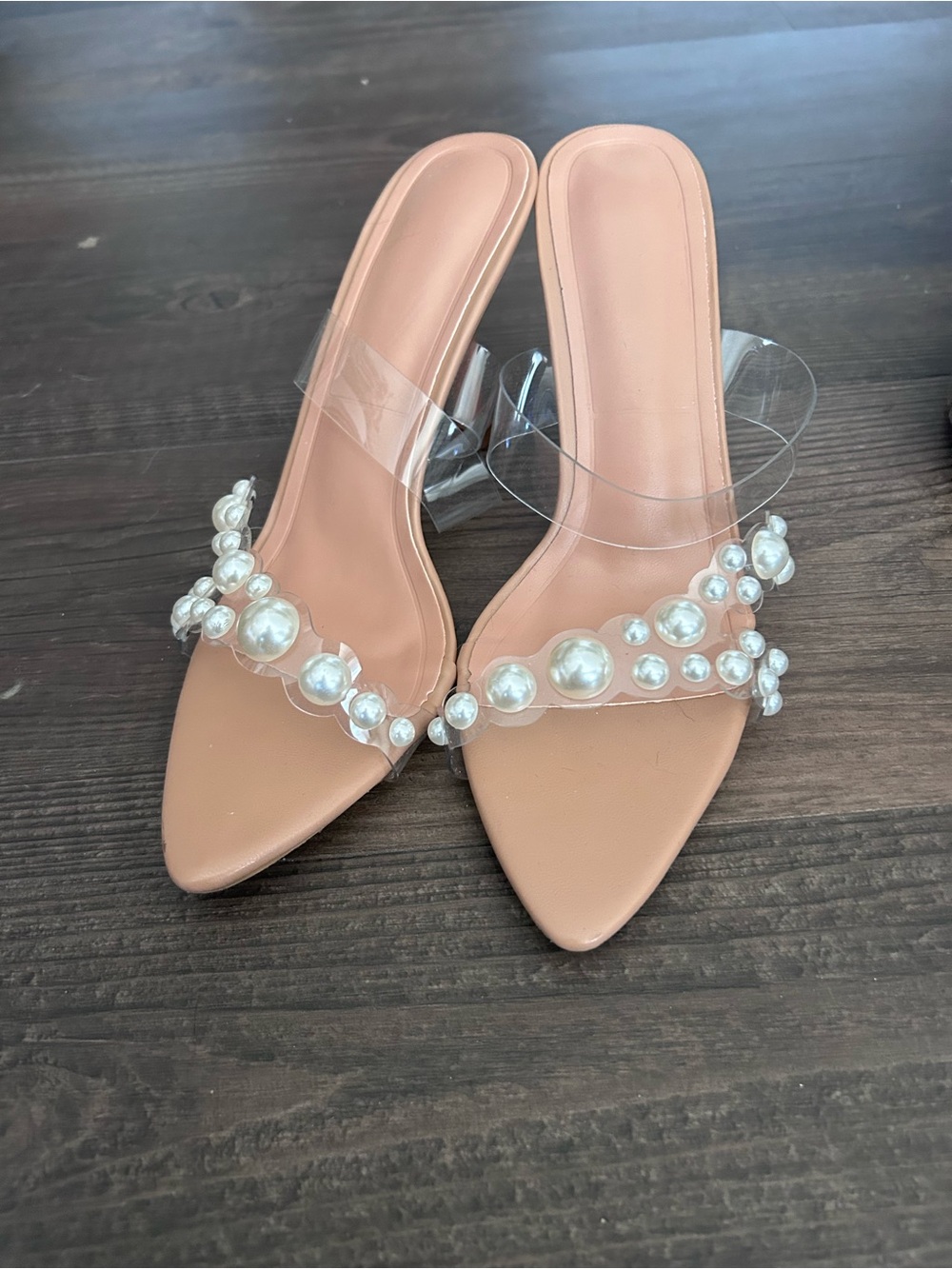 SHEIN Nude Pearl-Embellished Clear Strap Slide Mules